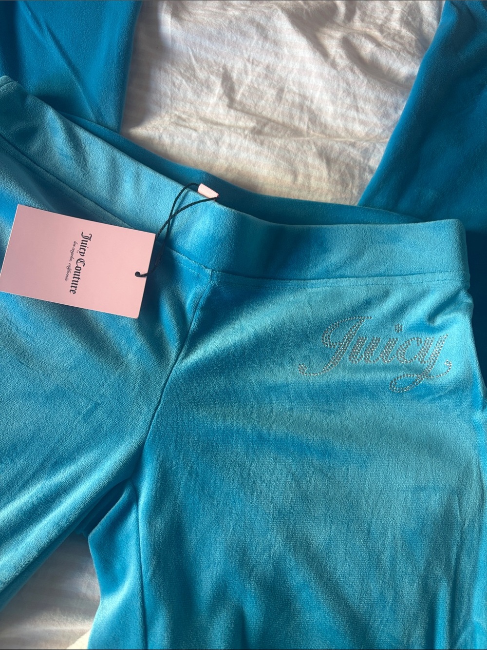Y2K Juicy Couture NWT Blue Velour Wide Leg Pants with Rhinestone 'Juicy' Logo